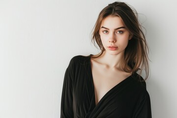 Fototapeta premium Pretty female in black outfit on white background