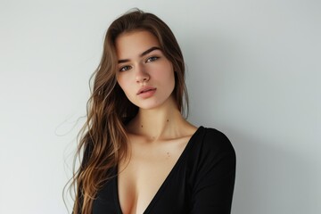 Pretty female in black outfit on white background