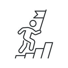 Icon of a figure climbing stairs with a flag, representing personal achievement and goal setting. Vector illustration.
