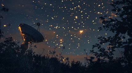 A glowing satellite dish with twinkling stars in the background. Reminiscent of advanced technology and cosmic exploration.
