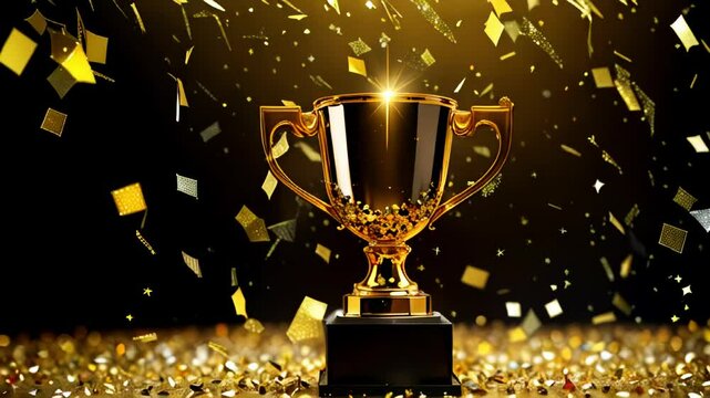 Champion golden winners trophy cup with falling golden confetti on black background