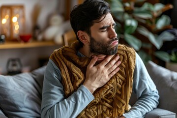 Obraz premium Sick man holding his chest in pain while coughing in the living room