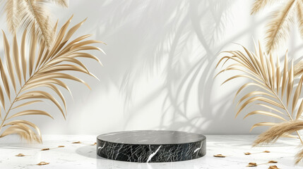 a 3D realistic vector illustration of a white and black marble pedestal on a white background, adorned with golden palm leaves. This luxury mockup scene provides an empty space design ideal for showca