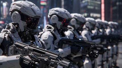 Fototapeta premium Team of robot soldiers carrying machine guns marching, high-tech modern cyber.