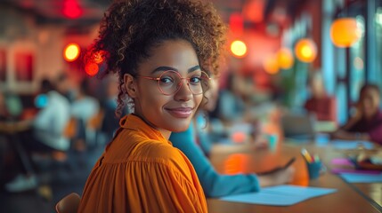 Obraz premium Portrait of a young woman with curly hair and glasses in a modern workspace
