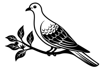 Dove leaning on a branch in tree with a flower in its beak vector art illustration