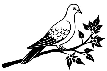 Dove leaning on a branch in tree with a flower in its beak vector art illustration