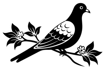 Dove leaning on a branch in tree with a flower in its beak vector art illustration