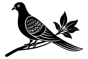 Dove leaning on a branch in tree with a flower in its beak vector art illustration