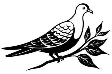 Dove leaning on a branch in tree with a flower in its beak vector art illustration