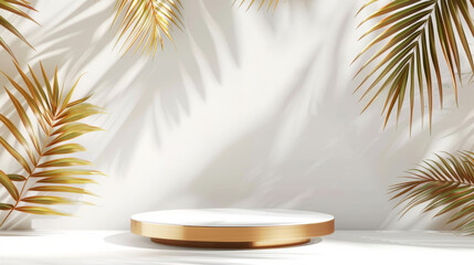 Obraz premium a 3D realistic vector illustration of a white and black marble pedestal on a white background, adorned with golden palm leaves. This luxury mockup scene provides an empty space design ideal for showca