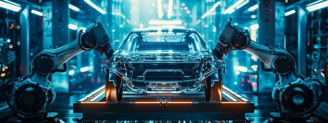 Fototapeta premium Robotic arms assembling car in futuristic automotive factory with advanced technology