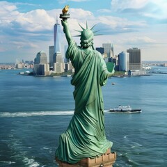 An iconic rear view of the Statue of Liberty, with its torch uplifted, overlooking the skyscrapers and waterways of New York City, symbolizing freedom and opportunity.