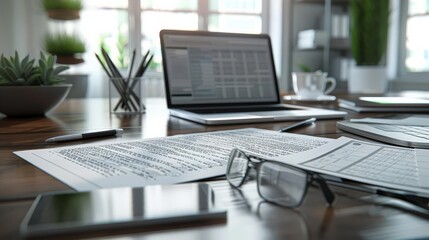 Modern office desk with financial documents, glasses, and laptop. Business workspace setup with natural light and green plants.