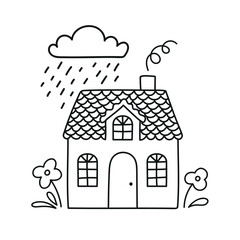 Beautiful little house with flowers isolated. Sweet Home. Hand-drawn vector illustration in doodle style. Perfect for decorations, cards, logo.eps