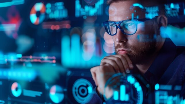 Strategic Businessman Contemplating Future Technology Trends for Digital Transformation on Interface Display