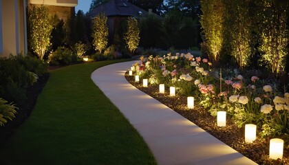 Obraz premium Aesthetics of your residential rockery garden with LED outdoor light posts, creating a captivating outdoor oasis. LED light posts, adding elegance and charm to your residential rockery garden.