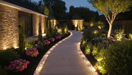 Obraz premium Aesthetics of your residential rockery garden with LED outdoor light posts, creating a captivating outdoor oasis. LED light posts, adding elegance and charm to your residential rockery garden.