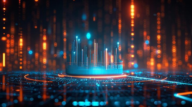 A dynamic 3D data chart in the shape of a glowing blue circle