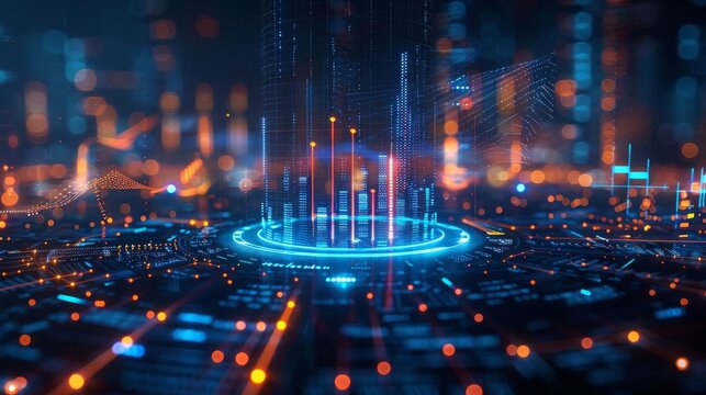 A dynamic 3D data chart in the shape of a glowing blue circle