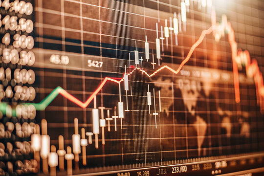 Closeup financial chart with uptrend line candlestick graph in stock market on monitor background