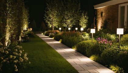 Obraz premium Illuminated Modern Backyard Garden Nighttime Panoramic Photo of LED Light Posts. Concept Nighttime Garden Photoshoot, LED Lighting, Modern Backyard, Illuminated Landscape, Panoramic Views