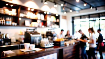 Coffee Shop Blur: A blurred coffee shop with patrons and baristas, perfect for social and leisure themes.
