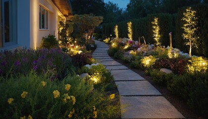 Obraz premium Illuminated Modern Backyard Garden Nighttime Panoramic Photo of LED Light Posts. Concept Nighttime Garden Photoshoot, LED Lighting, Modern Backyard, Illuminated Landscape, Panoramic Views