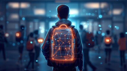 A futuristic of a student wearing a high-tech backpack glowing with digital connections in a modern school setting.