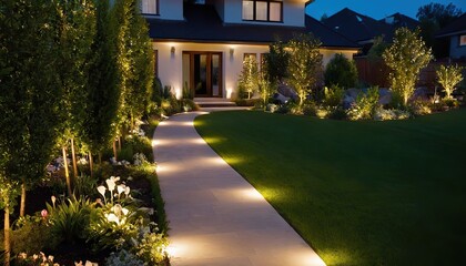 Illuminated Modern Backyard Garden Nighttime Panoramic Photo of LED Light Posts. Concept Nighttime Garden Photoshoot, LED Lighting, Modern Backyard, Illuminated Landscape, Panoramic Views