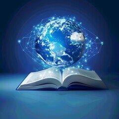 Futuristic global education with open book and globe map on blue background, Generative AI
