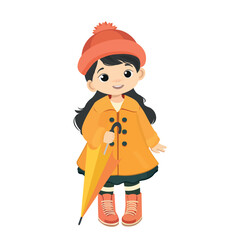 Girl in warm clothes, wearing hat, coat, boots with umbrella in her hand. Flat design. vector people. 