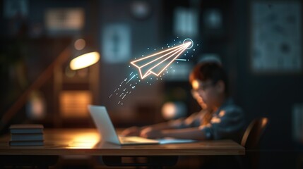 A child using a laptop in a cosy, dimly lit room with a digital hologram paper airplane icon soaring floating above, symbolizing creativity education and technology.