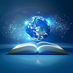 Futuristic global education with open book and globe map on blue background, Generative AI