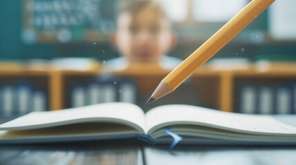 A close up of a pencil floating above an open book on a desk with a blurred student in the classroom background, depicting focus on excitement education and learning of new school.