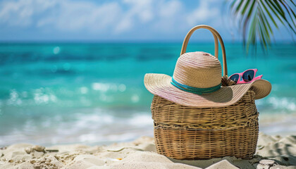A wicker basket with a hat and sunglasses on the sandy beach under the sunny sky