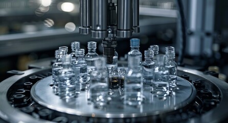 Close-up of automated bottling process in a modern industrial factory