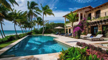 Fototapeta premium Photorealistic Summer Tropical Beachfront Villa | Billboard mockup | Landscape mockup