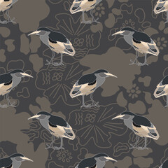 Funny birds on brown background. Seamless pattern. Vector illustration. Black crowned night heron digital artwork.