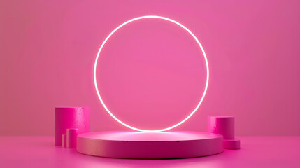 Fototapeta premium a 3D rendering of a neon podium designed for cosmetics aimed at teenagers, set against a pink background.