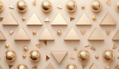 3d render of seamless pattern, beige wall with triangle shapes and golden spheres, minimalistic design, symmetrical composition, architectural background, 