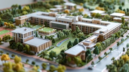 Obraz premium Generate a photo realistic image of a maquette depicting an educational facility, including classrooms, laboratories, and recreational areas; ensure the image is of high resolution 