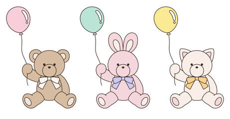 リボンをつけたかわいいくまとうさぎとねこのぬいぐるみのベクターイラストセット。アイコン、風船