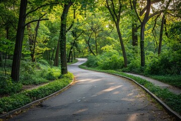 Naklejka premium Serene Winding Path Through a Lush Forest