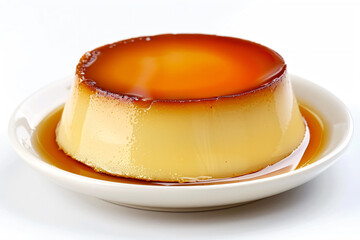 a flan dish with caramel sauce on a white plate