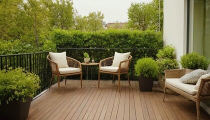 Fototapeta premium Cozy relaxing area at home. Sunny stylish balcony terrace in the city. Beautiful of modern terrace with wood deck flooring and fence, green potted flowers plants and outdoors furniture.