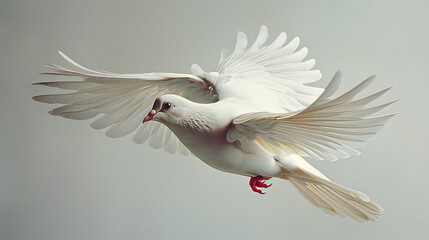 Fototapeta premium A White Dove with Spread Wings Flying from an Outstretched Hand, Captured in a Light Gray Background