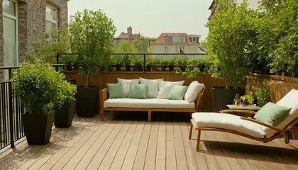 Fototapeta premium Beautiful of modern terrace with wood deck flooring and fence, green potted flowers plants and outdoors furniture. Cozy relaxing area at home. Sunny stylish balcony terrace in the,2215