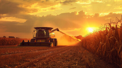 Fototapeta premium Combine Harvester Harvesting Corn at Sunset