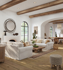 Wabi-sabi living room interior with arch windows and fireplace, 3d render	